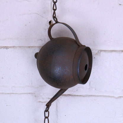 Omira Teapot and Cups Rain Chain Rustic - Closeup of Teapot