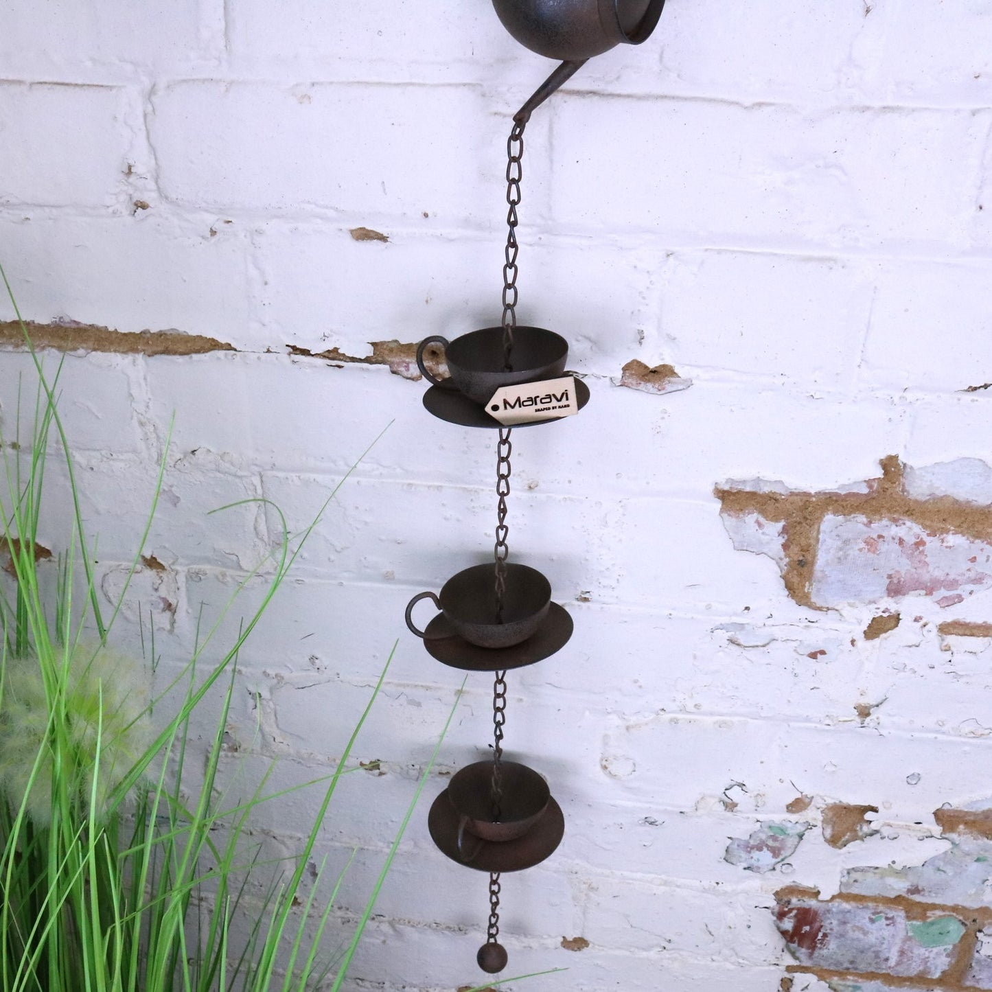Omira Teapot and Cups Rain Chain Rustic - Front View