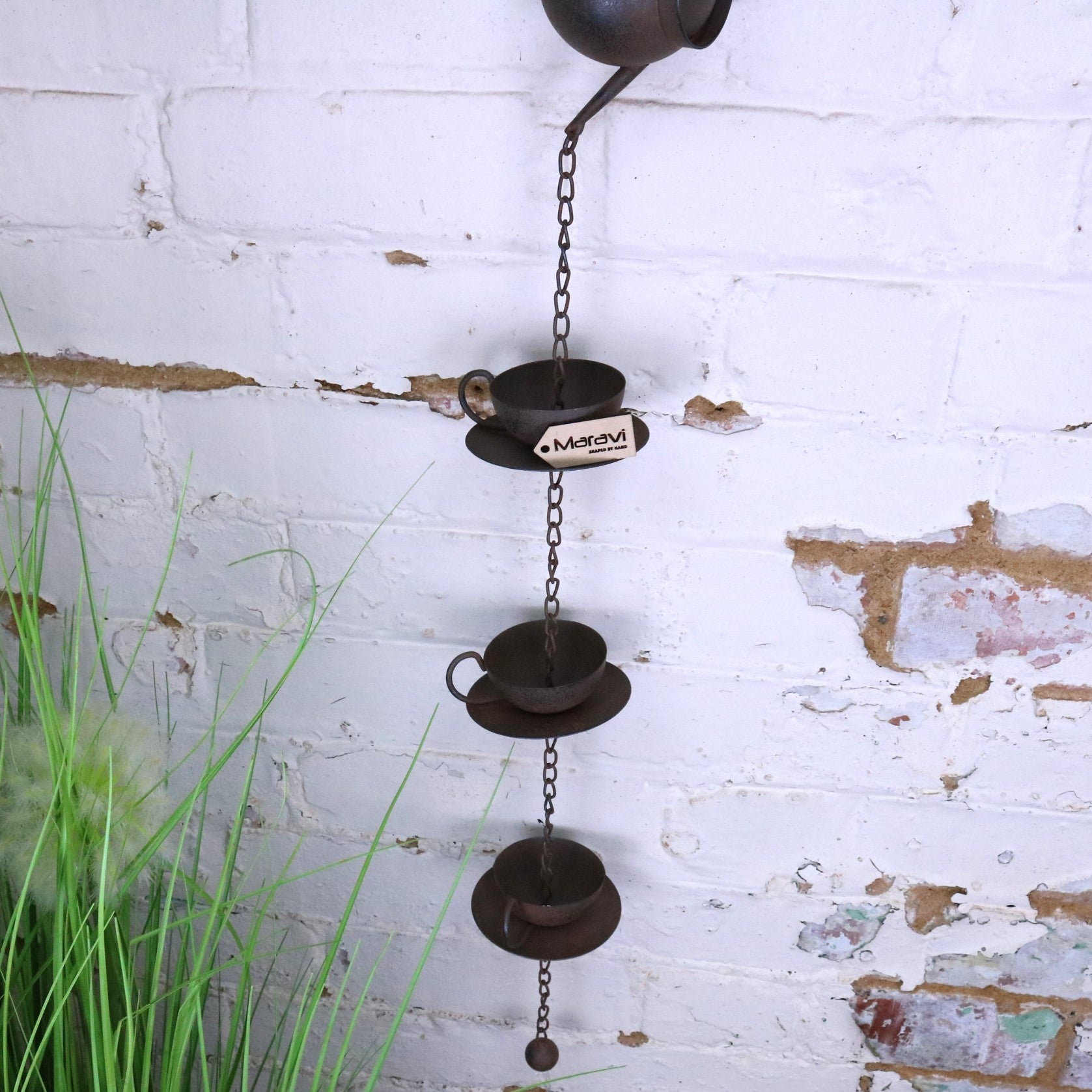 Omira Teapot and Cups Rain Chain Rustic - Front View