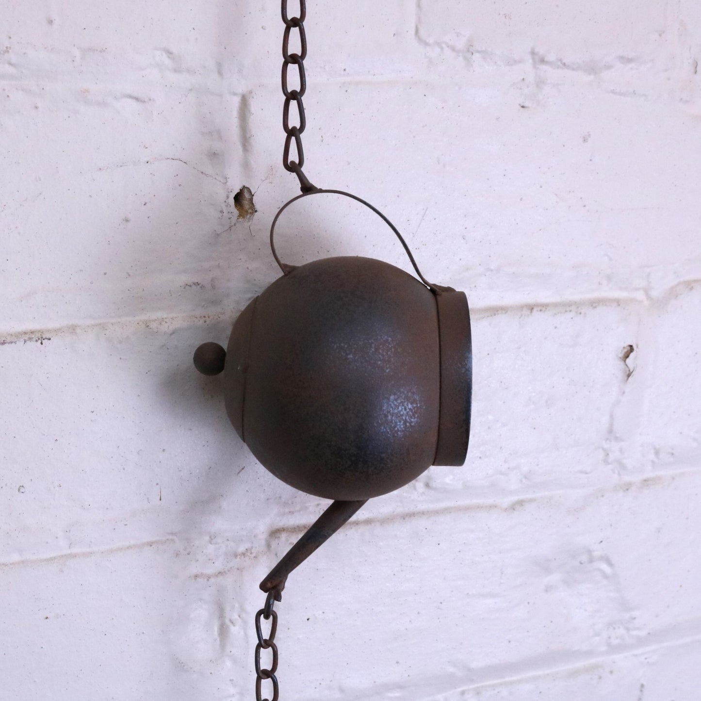 Omira Teapot and Cups Rain Chain Rustic - Closeup of Teapot 2