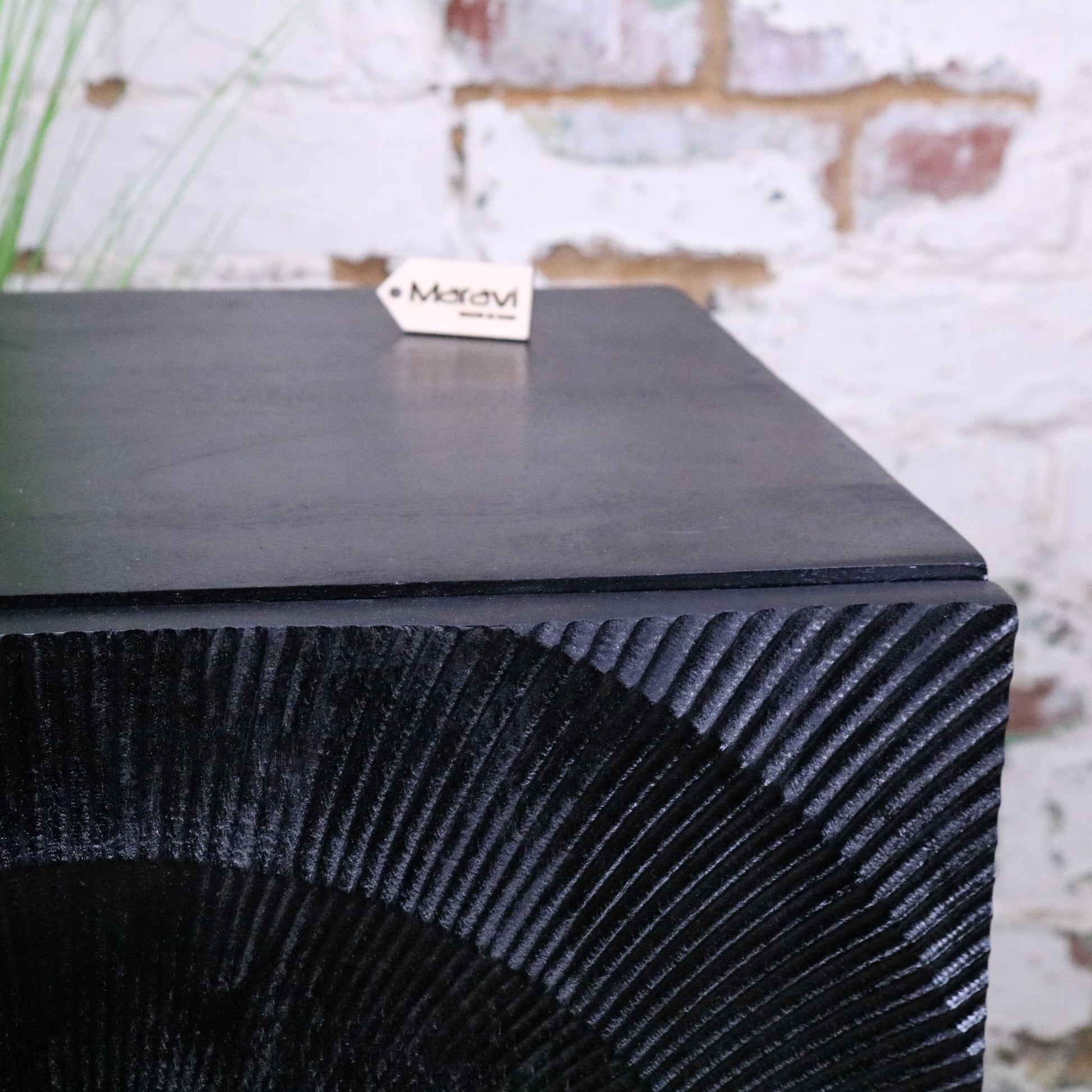 Parika Black Mango Wood Bedside Cabinet - Closeup of Carving Detail