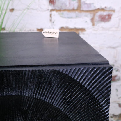 Parika Black Mango Wood Bedside Cabinet - Closeup of Carving Detail