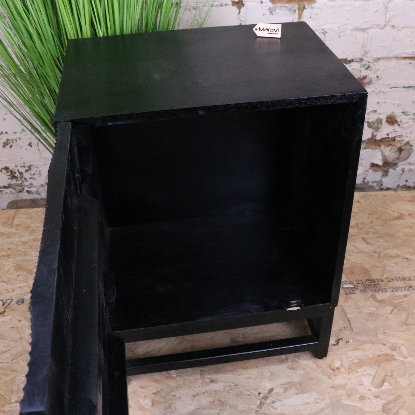 Parika Black Mango Wood Bedside Cabinet - Door Open