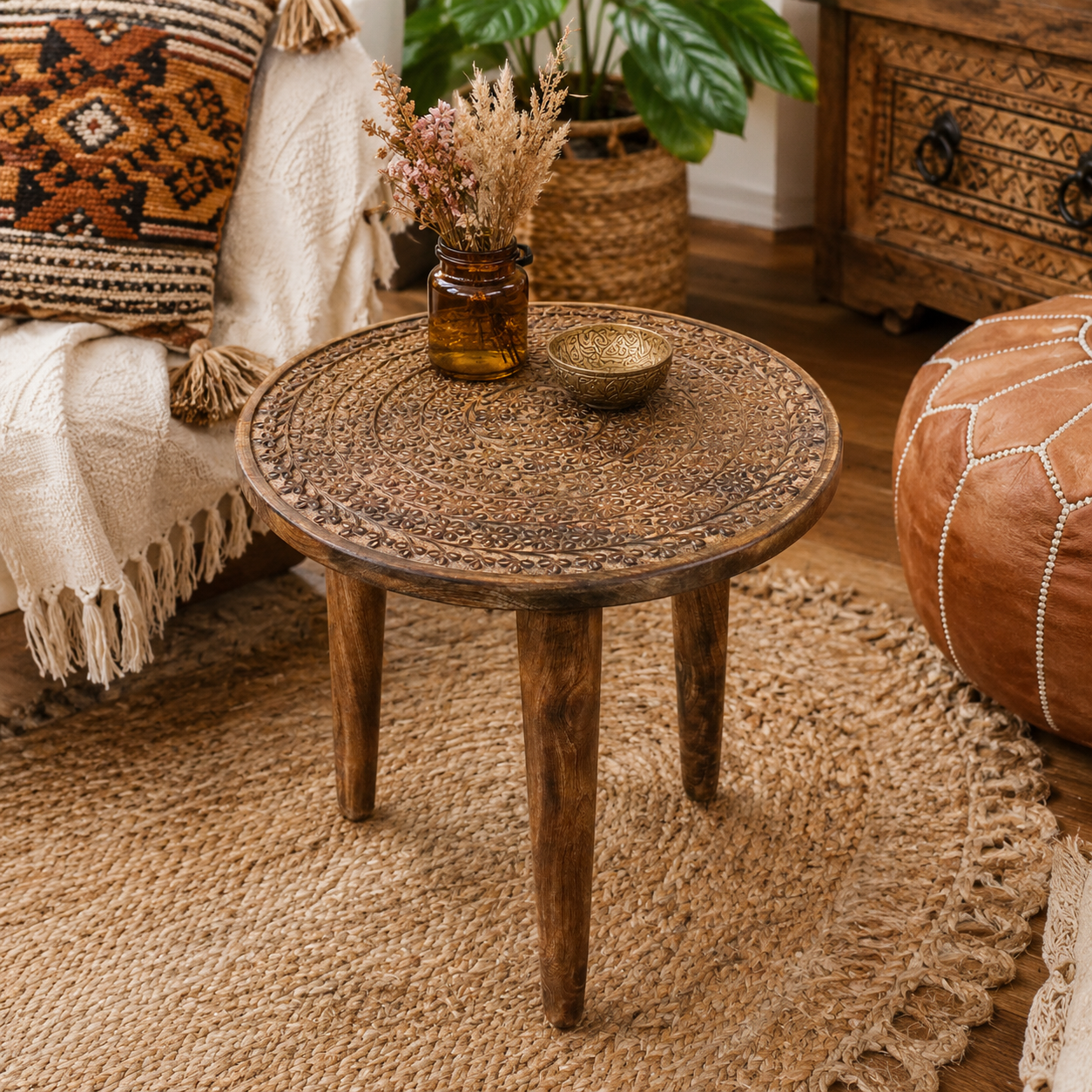 Rawlan Carved Wooden Side Table Burnt Finish - Lifestyle Image