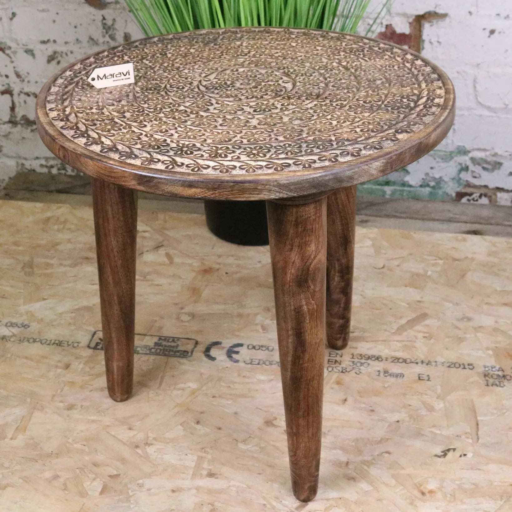 Rawlan Carved Wooden Side Table Burnt Finish Maravi