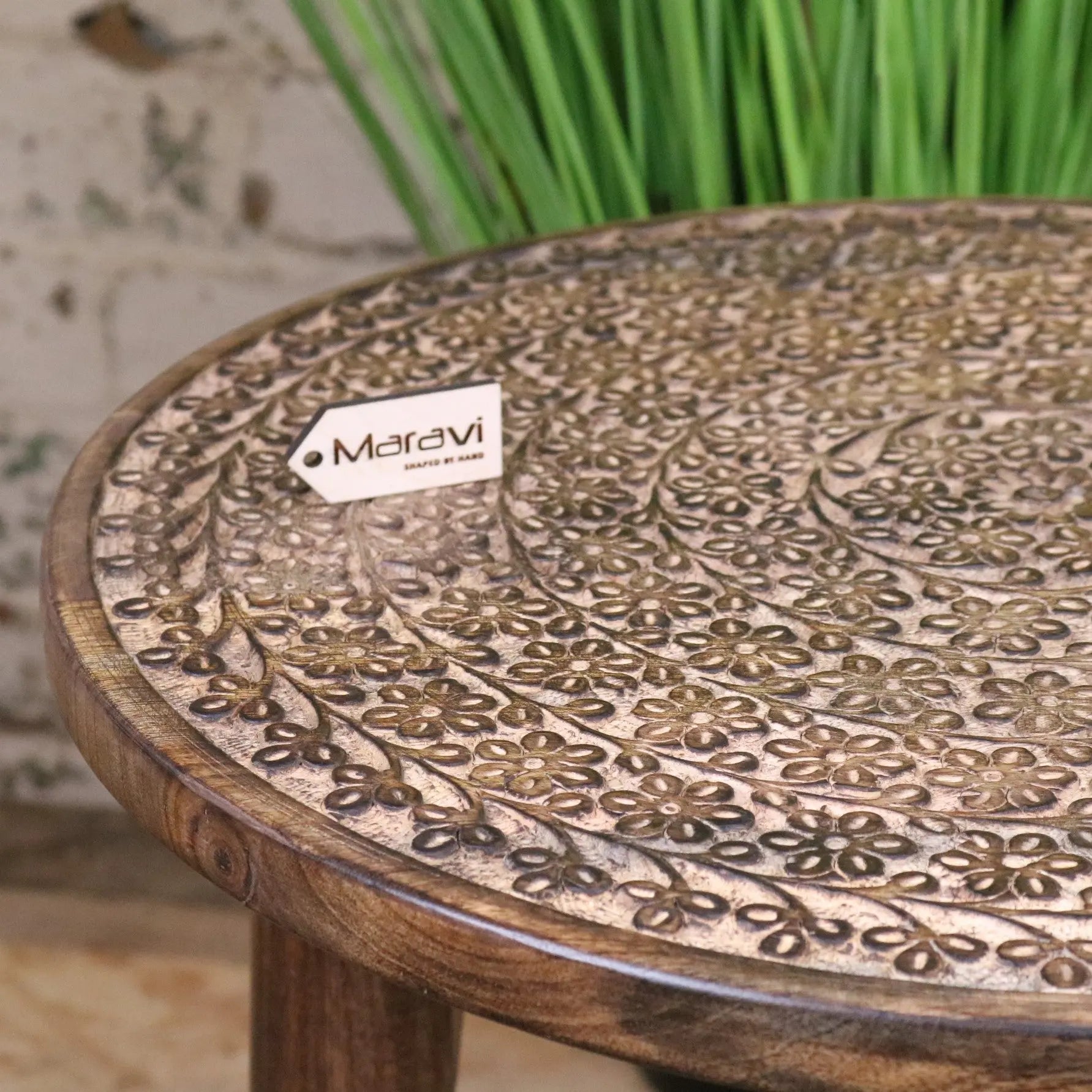 Rawlan Carved Wooden Side Table Burnt Finish Maravi