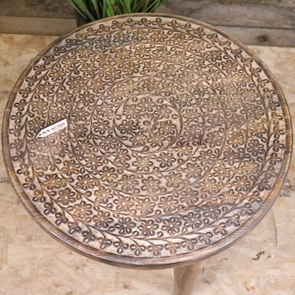 Rawlan Carved Wooden Side Table Burnt Finish Maravi