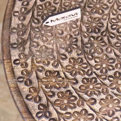 Rawlan Carved Wooden Side Table Burnt Finish Maravi