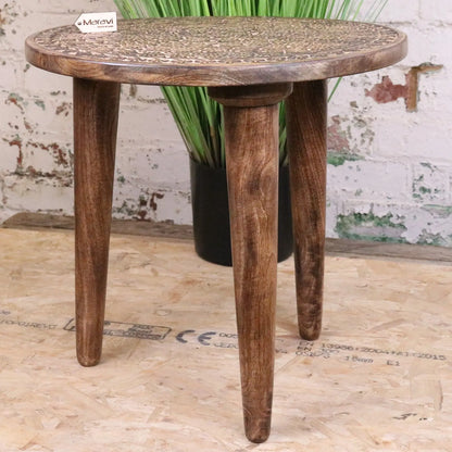 Rawlan Carved Wooden Side Table Burnt Finish Maravi