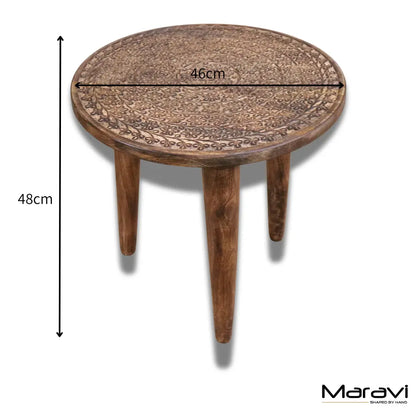 Rawlan Carved Wooden Side Table Burnt Finish Maravi