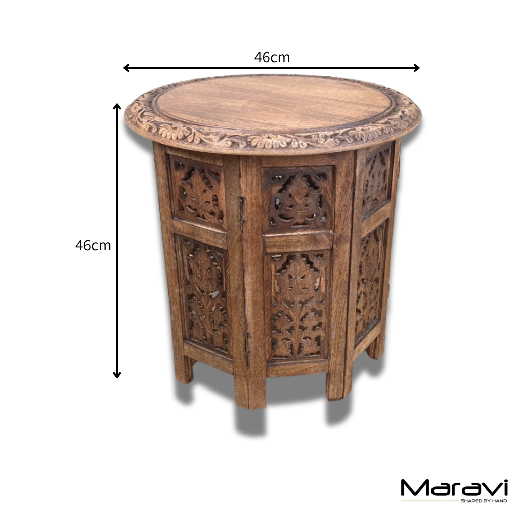 Rengali Large Mango Wood Side Table Leaf Carving - Dimensons