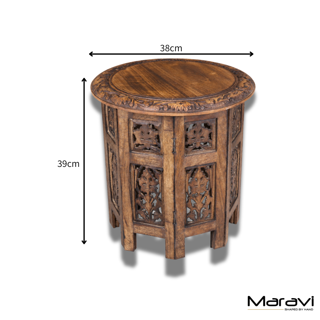 Rengali Medium Mango Wood Side Table Leaf Carving - Dimensions