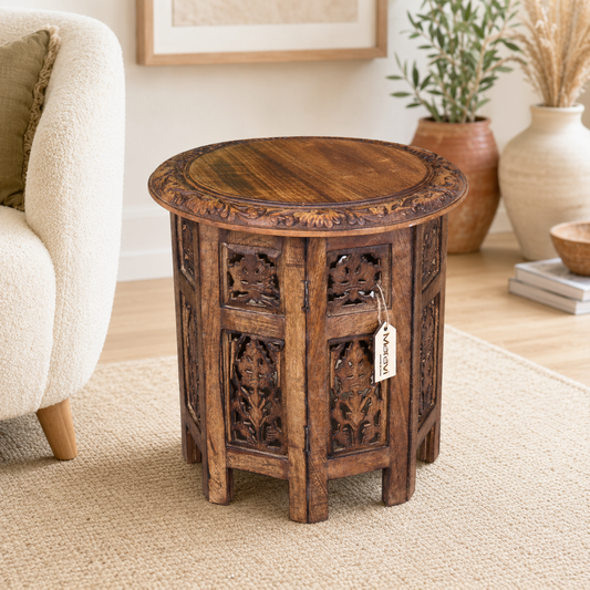 Rengali Medium Mango Wood Side Table Leaf Carving - Lifestyle Image