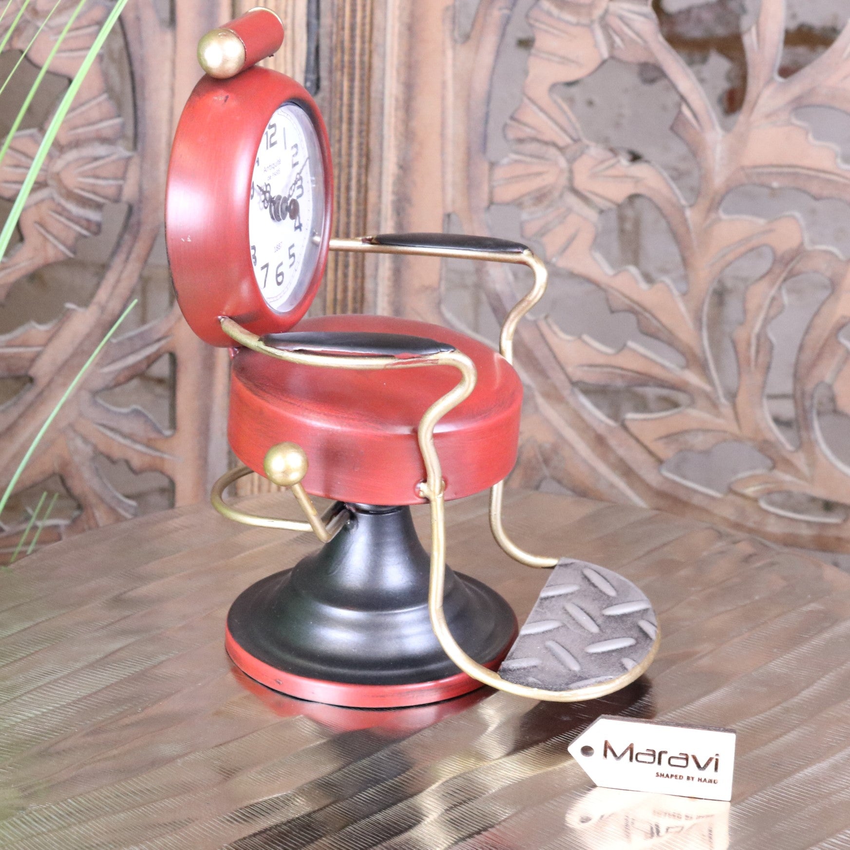 Retro Barber Clock Red Hairdressing Chair - Side View