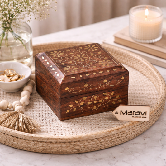 Riyana Trinket Square Wooden Box Brass Inlay - Lifestyle Image