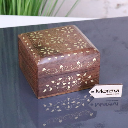 Riyana Trinket Square Wooden Box Brass Inlay - Main Image