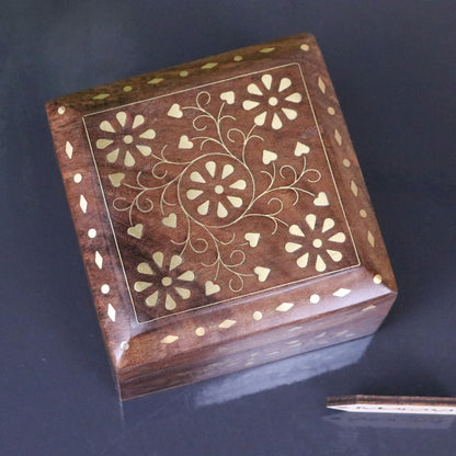 Riyana Trinket Square Wooden Box Brass Inlay - Top View