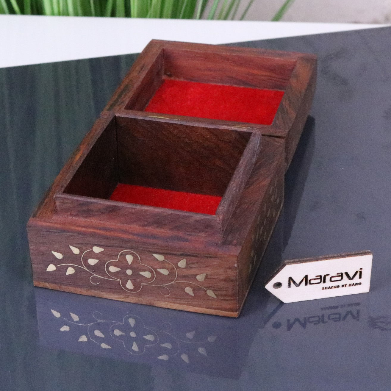 Riyana Trinket Square Wooden Box Brass Inlay - Box Opened