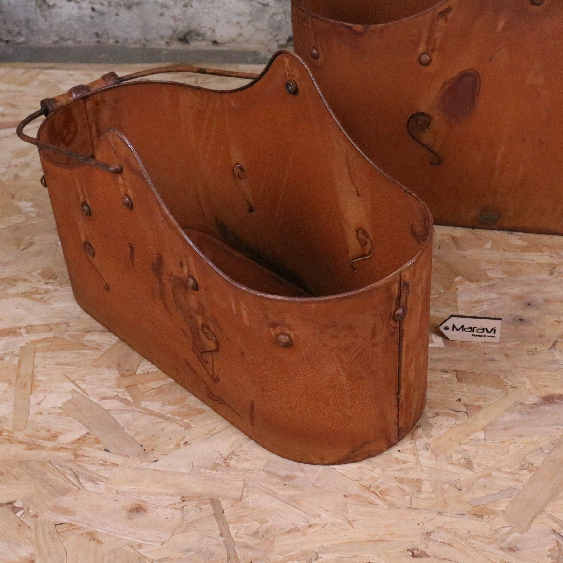 Rohira Basket Style Rusty Planters Set of 2 - Side View of Small Planter