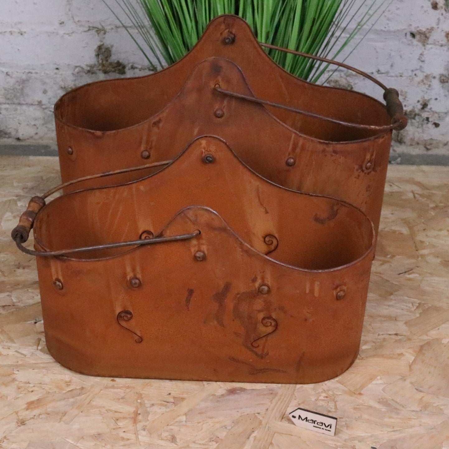Rohira Basket Style Rusty Planters Set of 2 Front View Both Planters