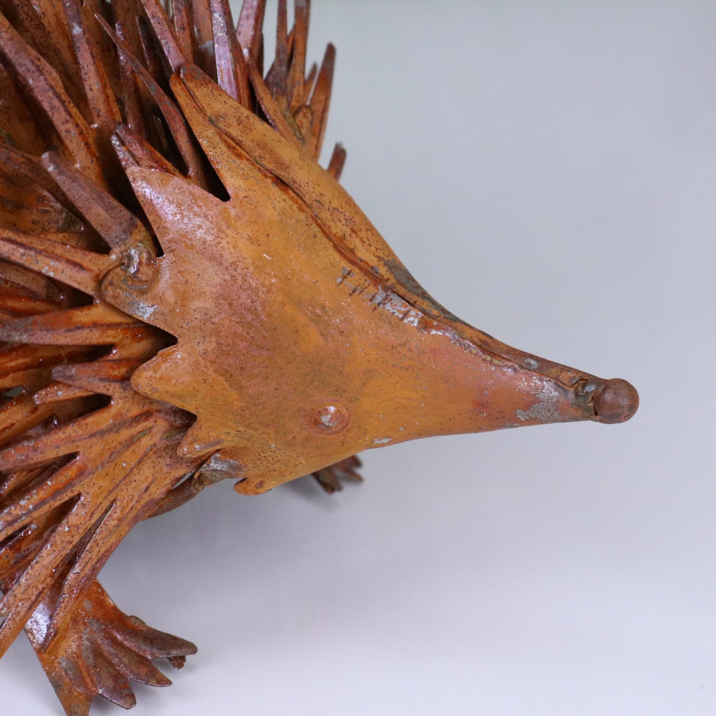 Rousel Hedgehog Rusty Garden Ornament - Closeup of Face