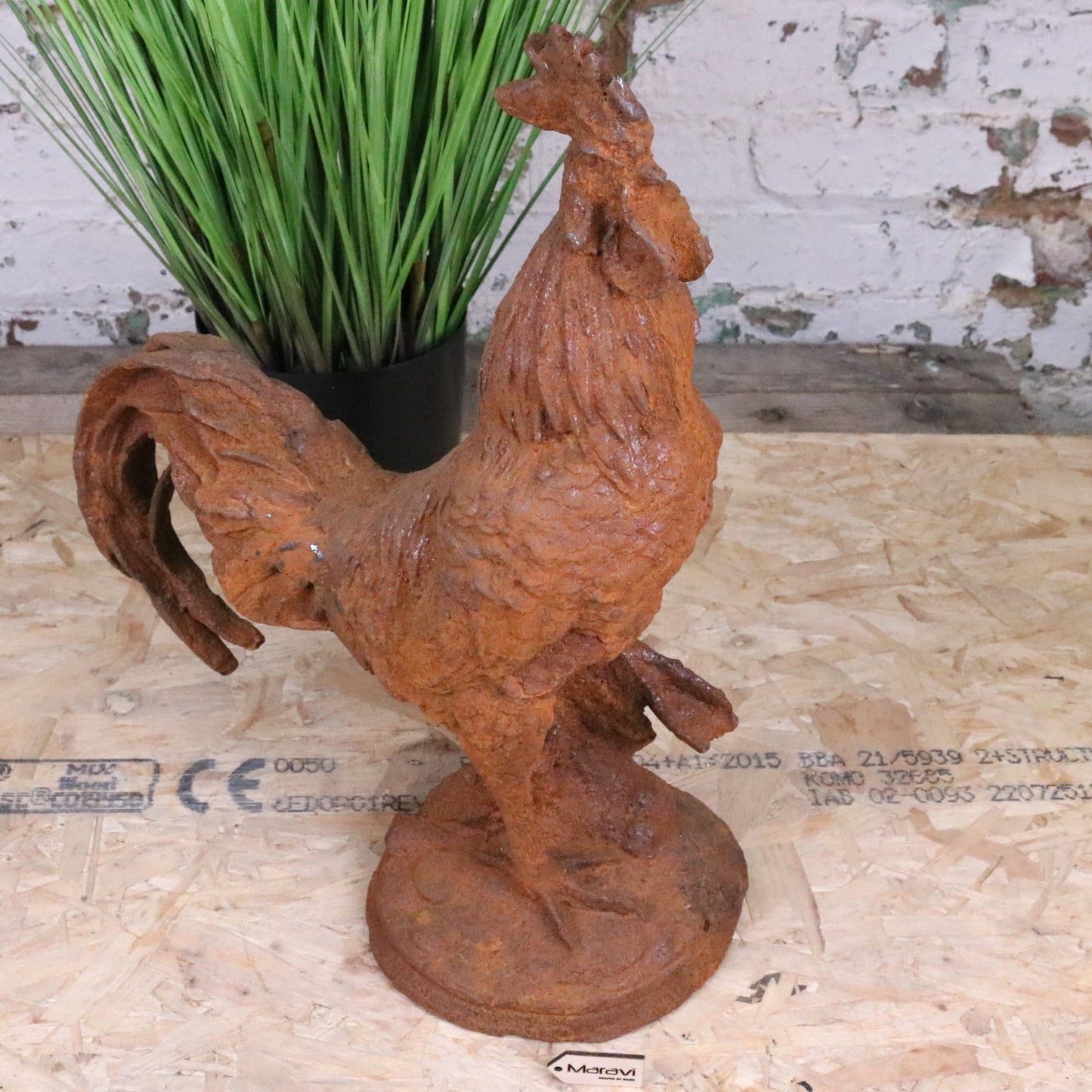 Rusty Rooster Garden Ornament 53cm - Side View 2