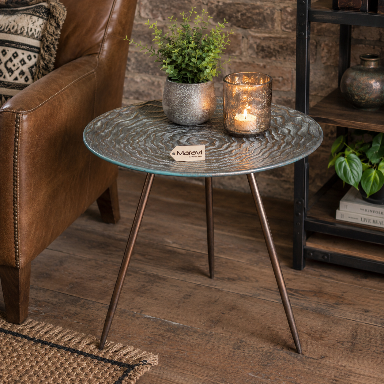 Ruwa Lightweight Antiqued Gold Tripod Side Table - Lifestyle Image