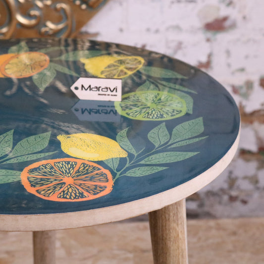 Saitras Enamel Top Table Citrus Design - Green - Closeup of Table Edge
