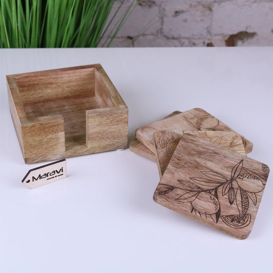 Saitras Mango Wood Coasters Engraved Citrus Design - Main Image
