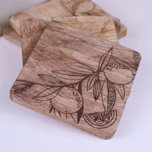 Saitras Mango Wood Coasters Engraved Citrus Design - Closeup of Single Coaster