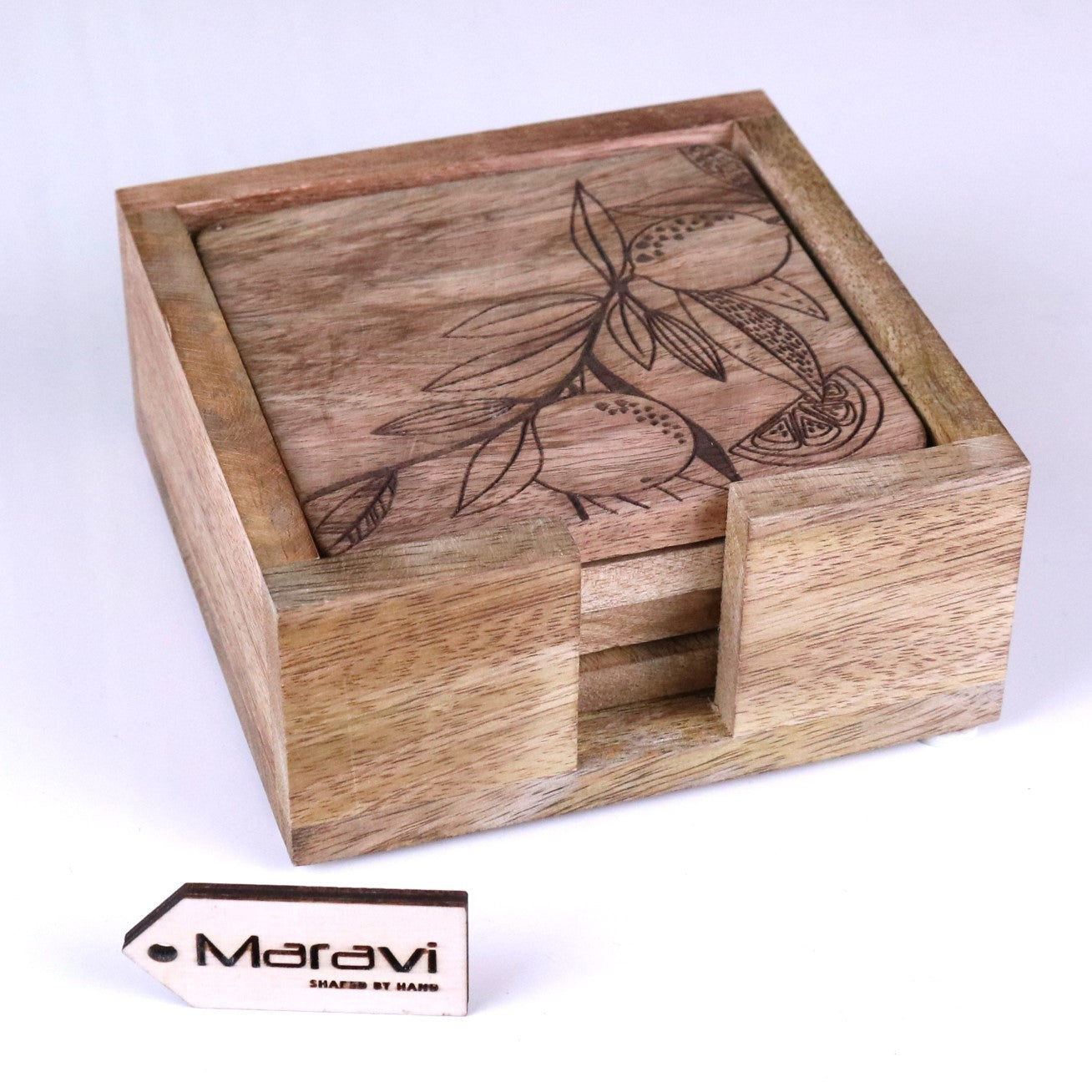 Saitras Mango Wood Coasters Engraved Citrus Design - Coasters Inside Holder