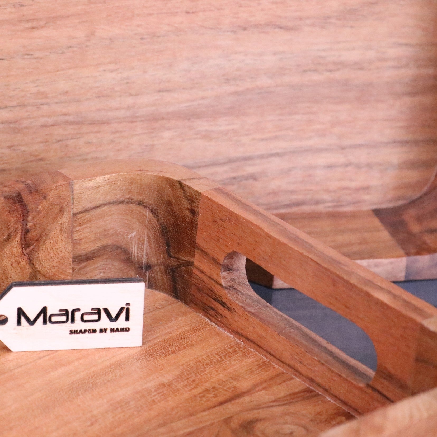 Saketa Wooden Tray Set Acacia Wood - Closeup of Handle