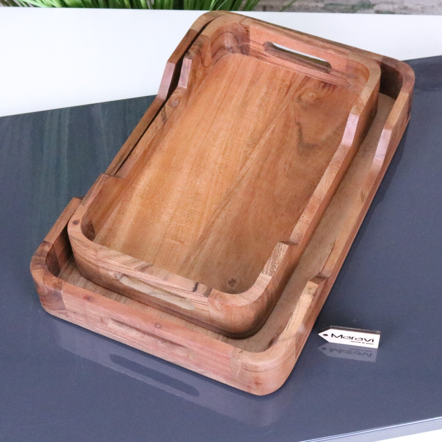 Saketa Wooden Tray Set Acacia Wood- Nested Top View