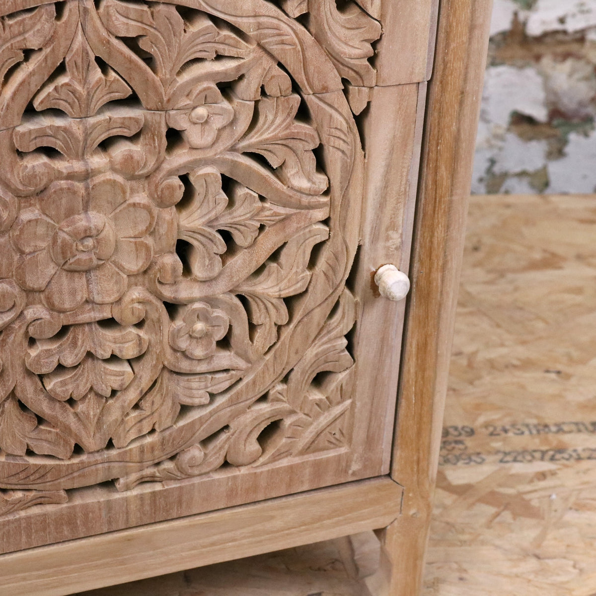 Samira Teak Wooden Bedside Cabinet Left Side Hinges - Closeup of Door Knob