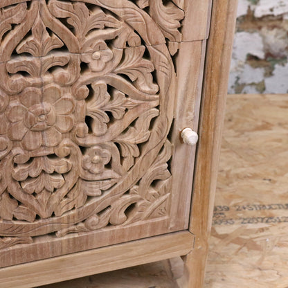 Samira Teak Wooden Bedside Cabinet Left Side Hinges - Closeup of Door Knob
