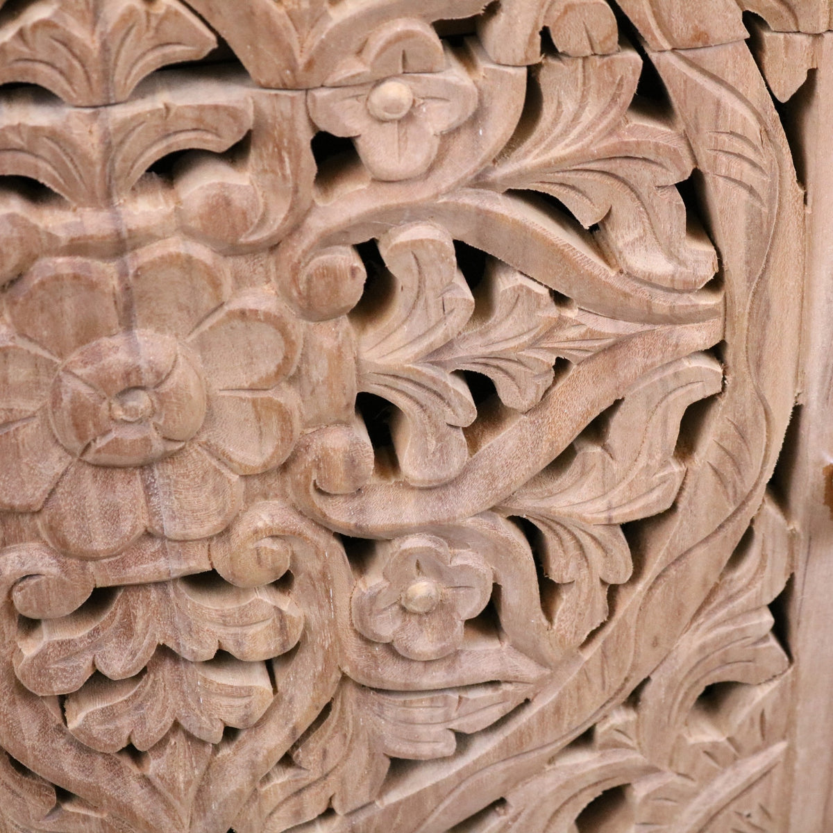 Samira Teak Wooden Bedside Cabinet Left Side Hinges - Closeup of Carving