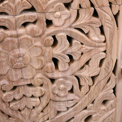 Samira Teak Wooden Bedside Cabinet Left Side Hinges - Closeup of Carving