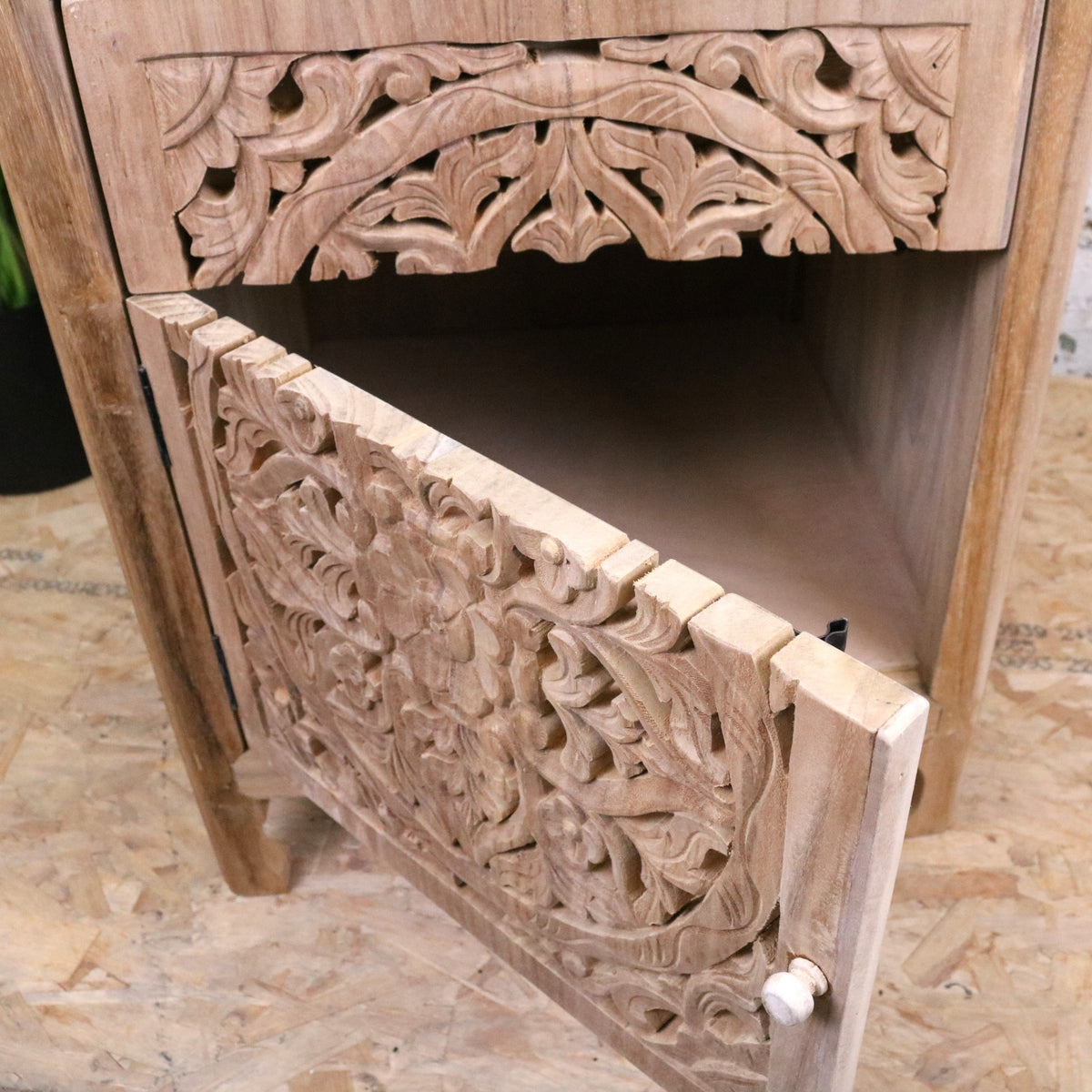 Samira Teak Wooden Bedside Cabinet Left Side Hinges - Showing Door Open