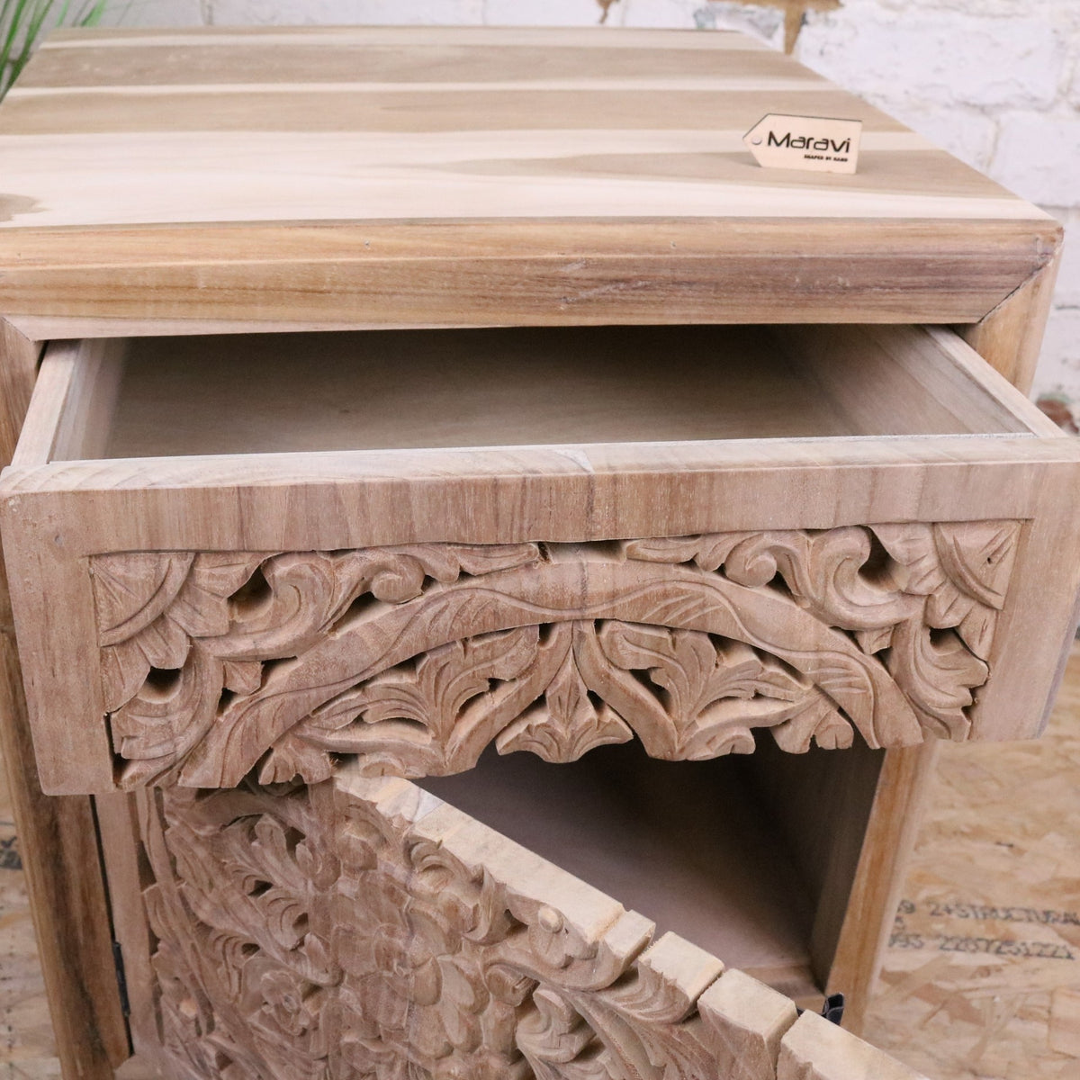 Samira Teak Wooden Bedside Cabinet Left Side Hinges - Showing Drawer and Door Open