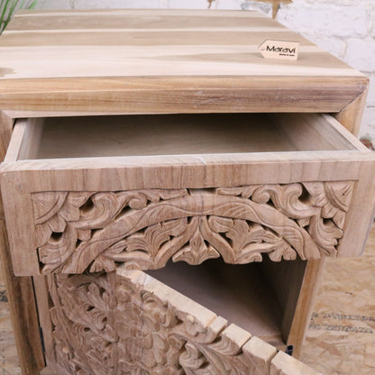 Samira Teak Wooden Bedside Cabinet Left Side Hinges - Showing Drawer and Door Open