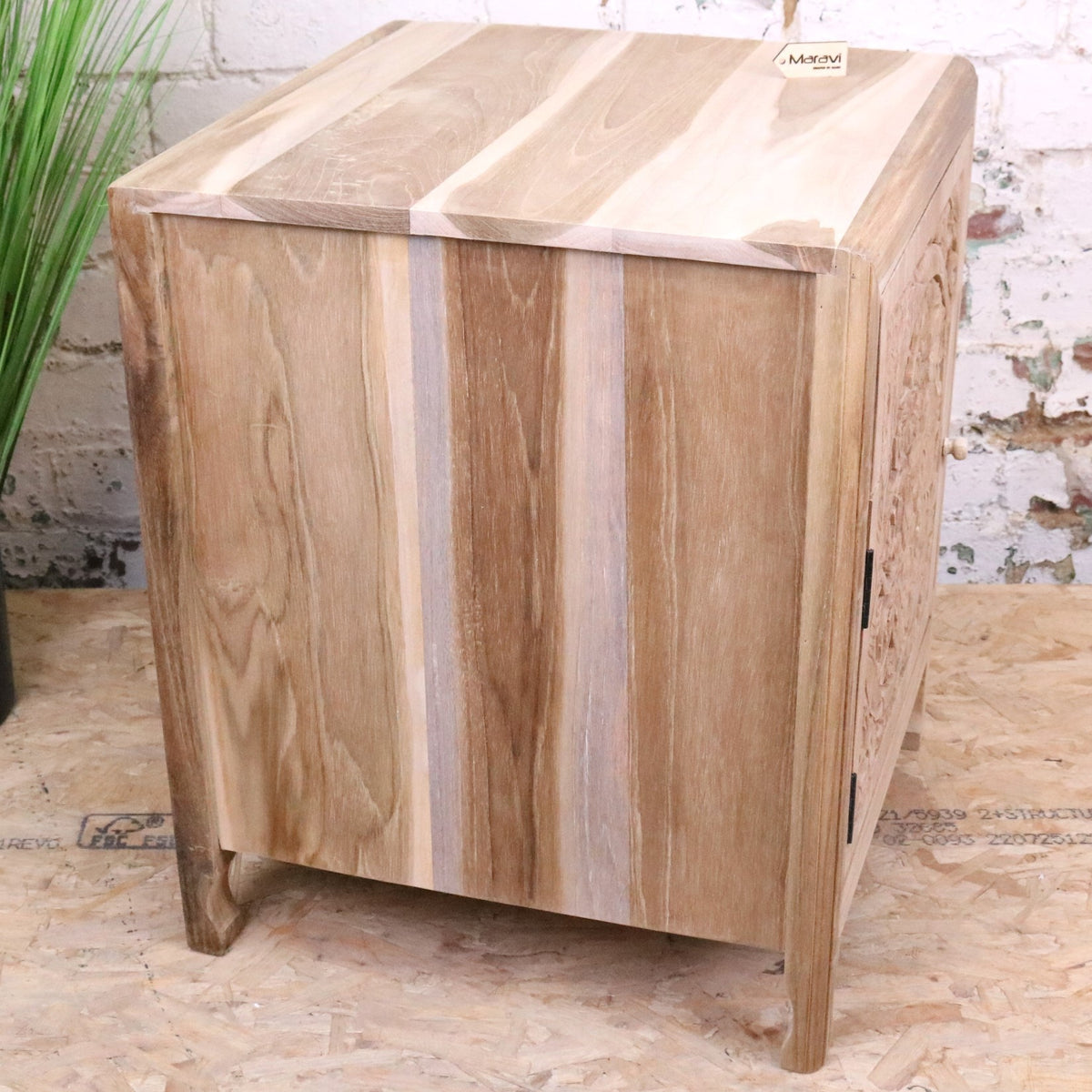 Samira Teak Wooden Bedside Cabinet Left Side Hinges - Side View