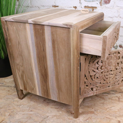 Samira Teak Wooden Bedside Cabinet Left Side Hinges - Side with Drawer and Door Open