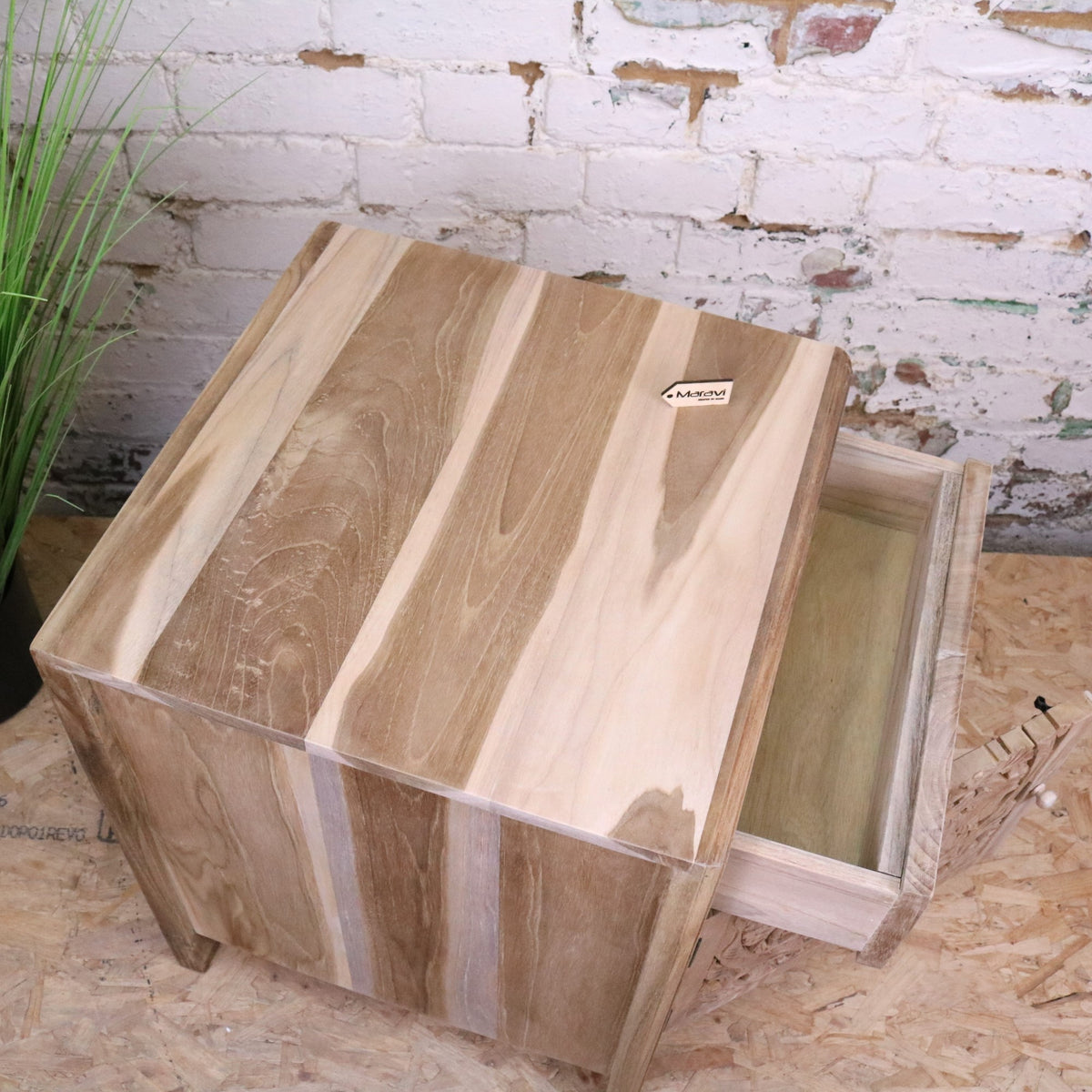 Samira Teak Wooden Bedside Cabinet Left Side Hinges - Top View Drawer Open
