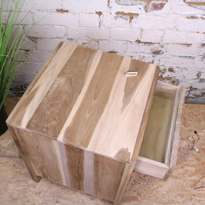 Samira Teak Wooden Bedside Cabinet Left Side Hinges - Top View Drawer Open