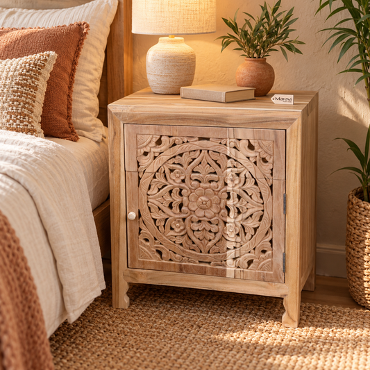 Samira Teak Wooden Bedside Cabinet Right Side Hinges - Lifestyle Image