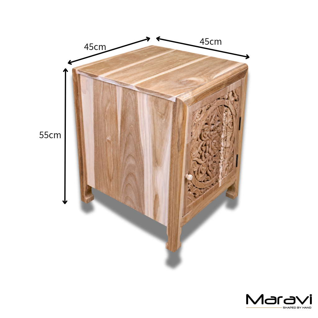 Samira Teak Wooden Bedside Cabinet Right Side Hinges - Dimensions