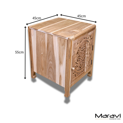Samira Teak Wooden Bedside Cabinet Right Side Hinges - Dimensions