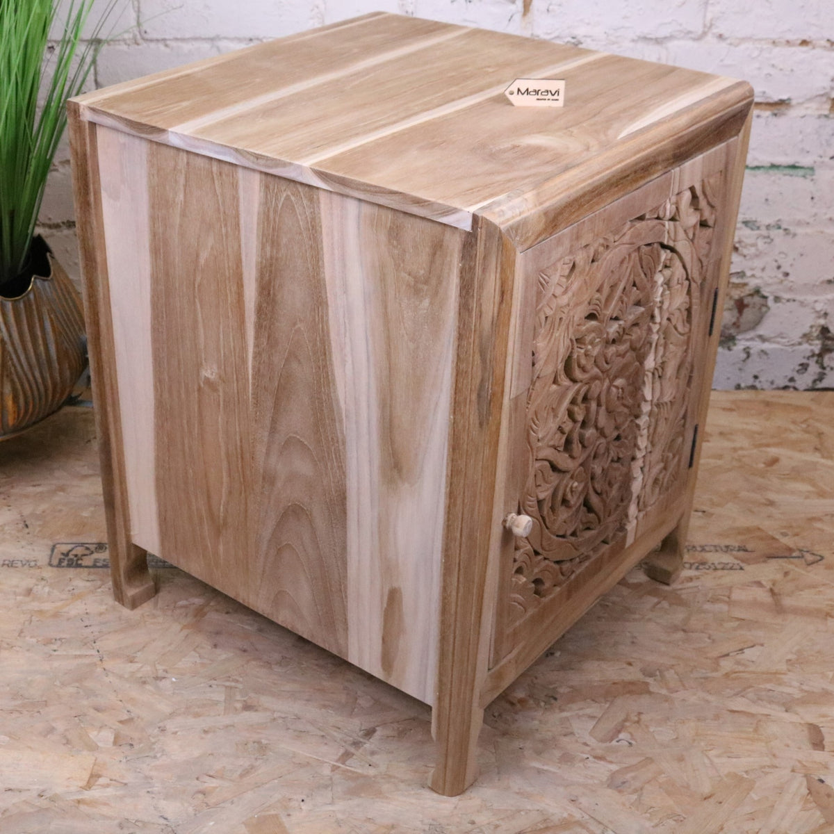 Samira Teak Wooden Bedside Cabinet Right Side Hinges - Side View