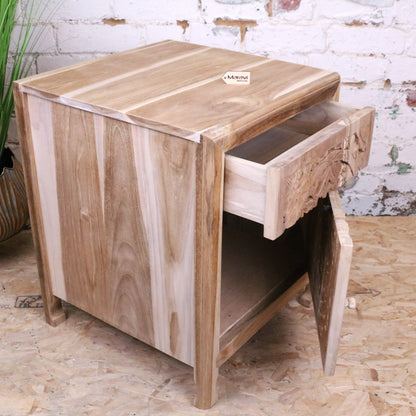 Samira Teak Wooden Bedside Cabinet Right Side Hinges - Side View Door and Drawer Open