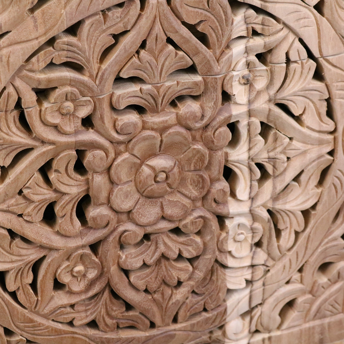 Samira Teak Wooden Bedside Cabinet Right Side Hinges - Closeup of Carving